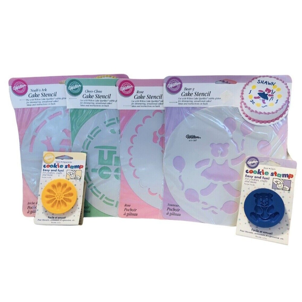 VTG 1990 Lot Of 4 Wilton Cake Stencils & 2 Cookie Stamps Cake & Cookie Bake NEW